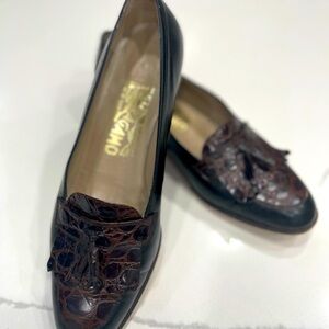 Ferragamo Diplomata Black Calf Dark Brown Calf Croc PR size 7B